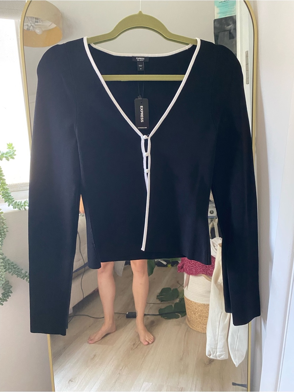 Express Black Long-Sleeve V-Neck Top with White Trim